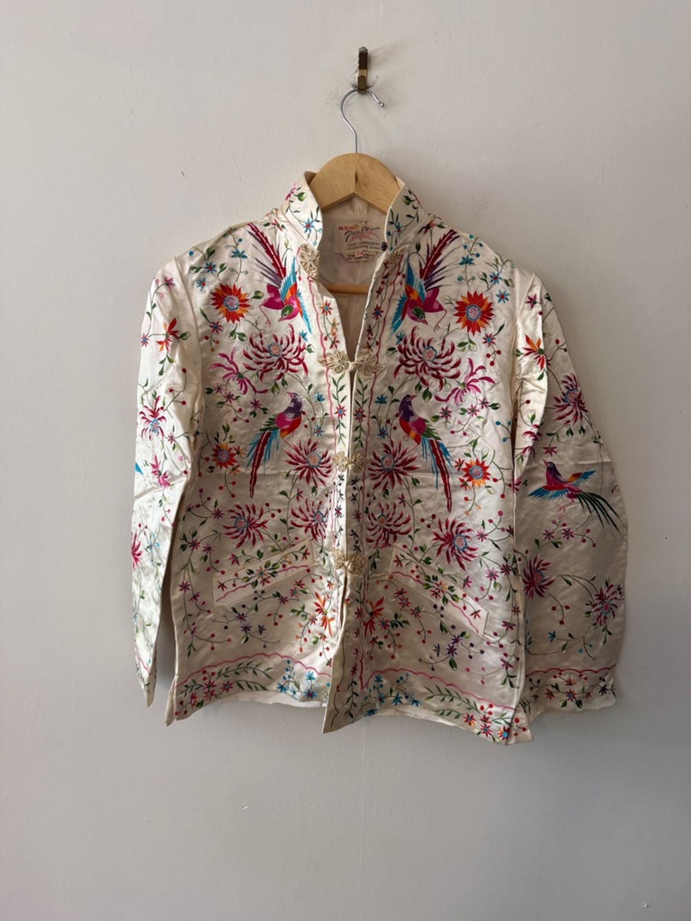 Vintage Plum Blossoms Hand Embroidered Ivory Bird & Floral Jacket